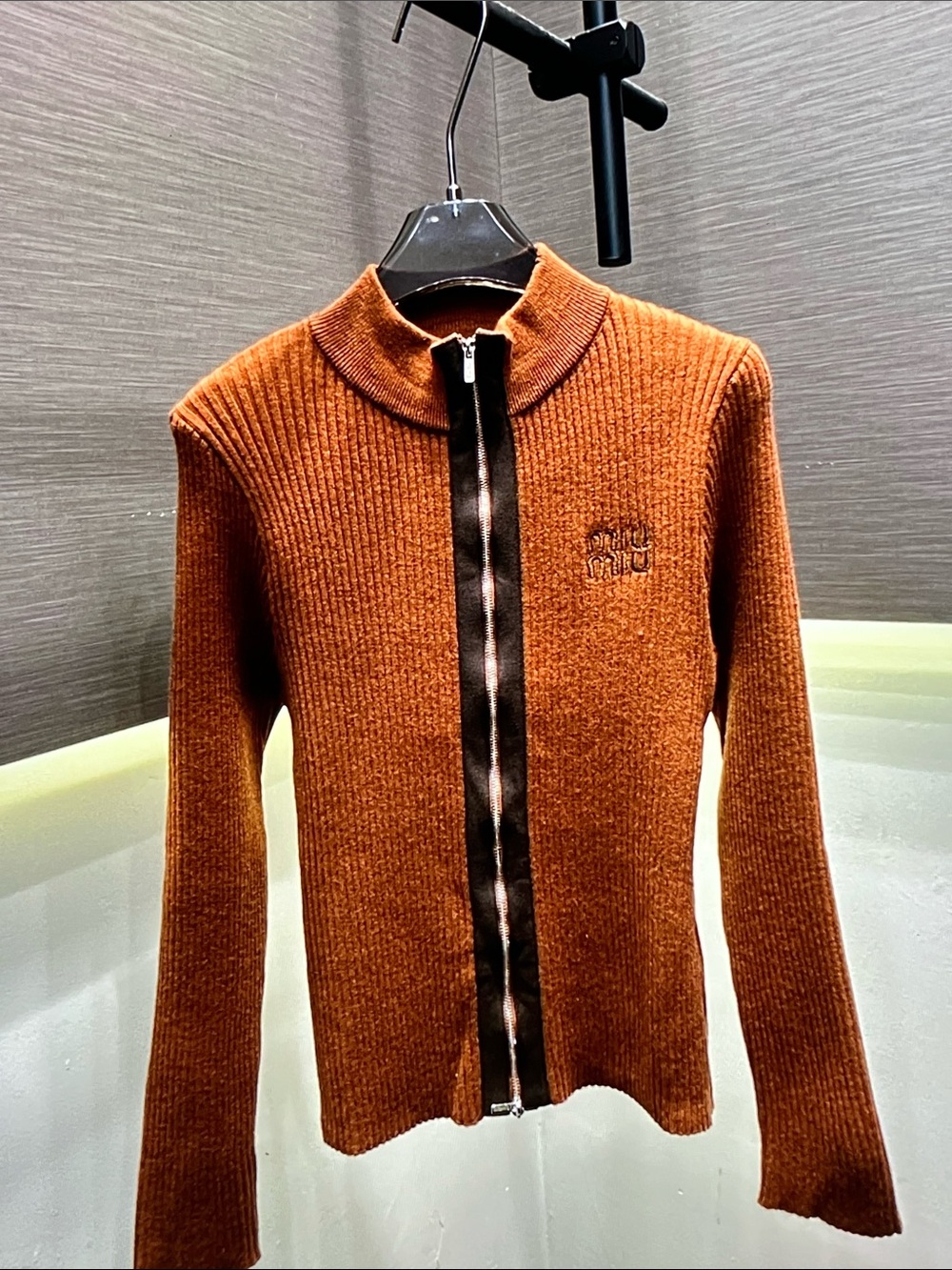 Miu Miu Rust Brown Ribbed Zip-Up Cardigan